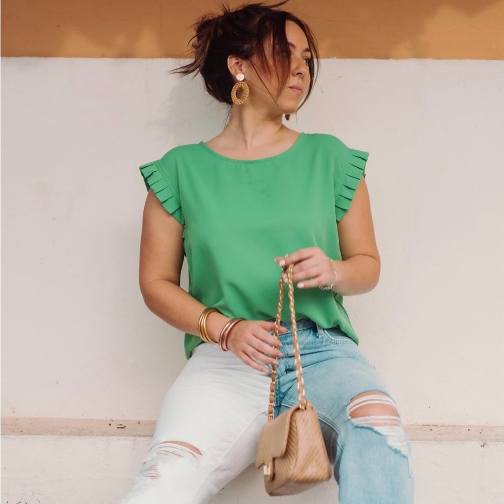 Cezele Bright Green Ruffle Sleeve Blouse – Size S